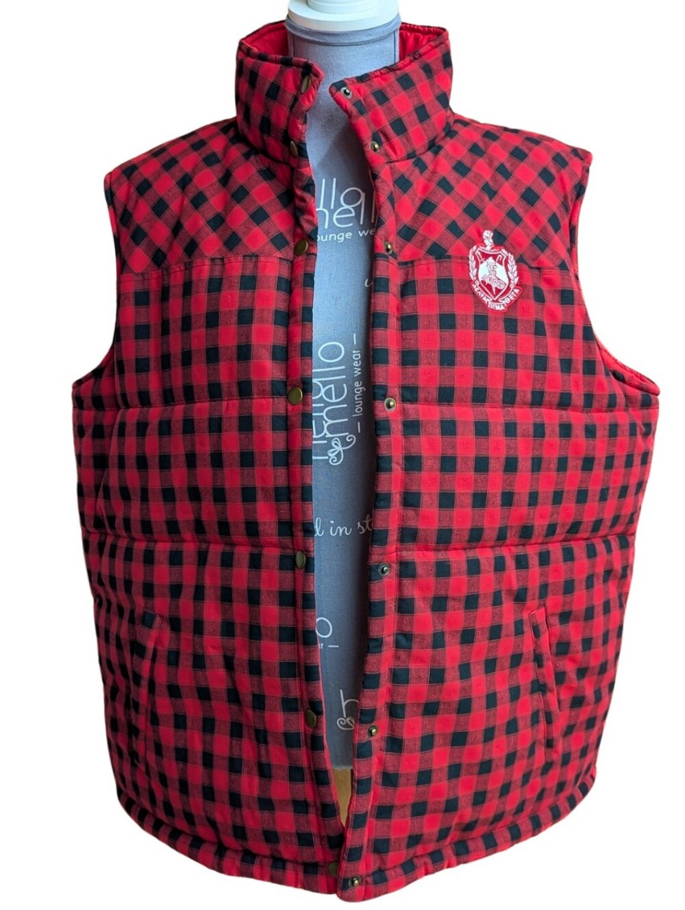 Delta Sigma Theta DST Crimson Black Buffalo Plaid Puffer Vest Embroidered Crest